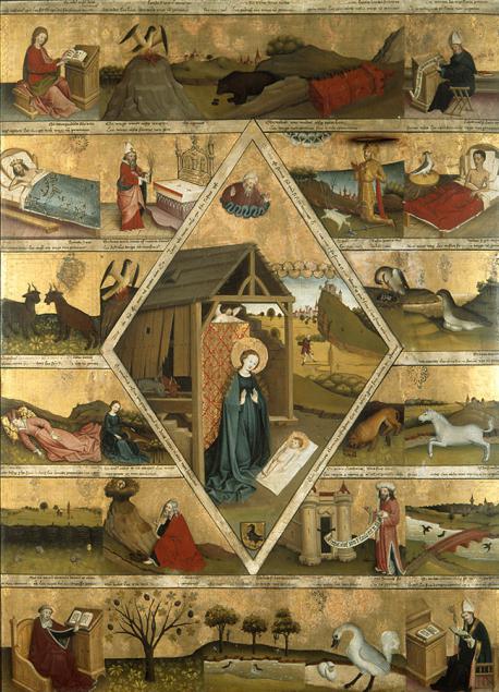 Meister der Ottobeurer Marientafel, um 1450: Einzelszenen aus der Verteidigung der Lehre von der unberührten Jungfräulichkeit der Gottesmutter