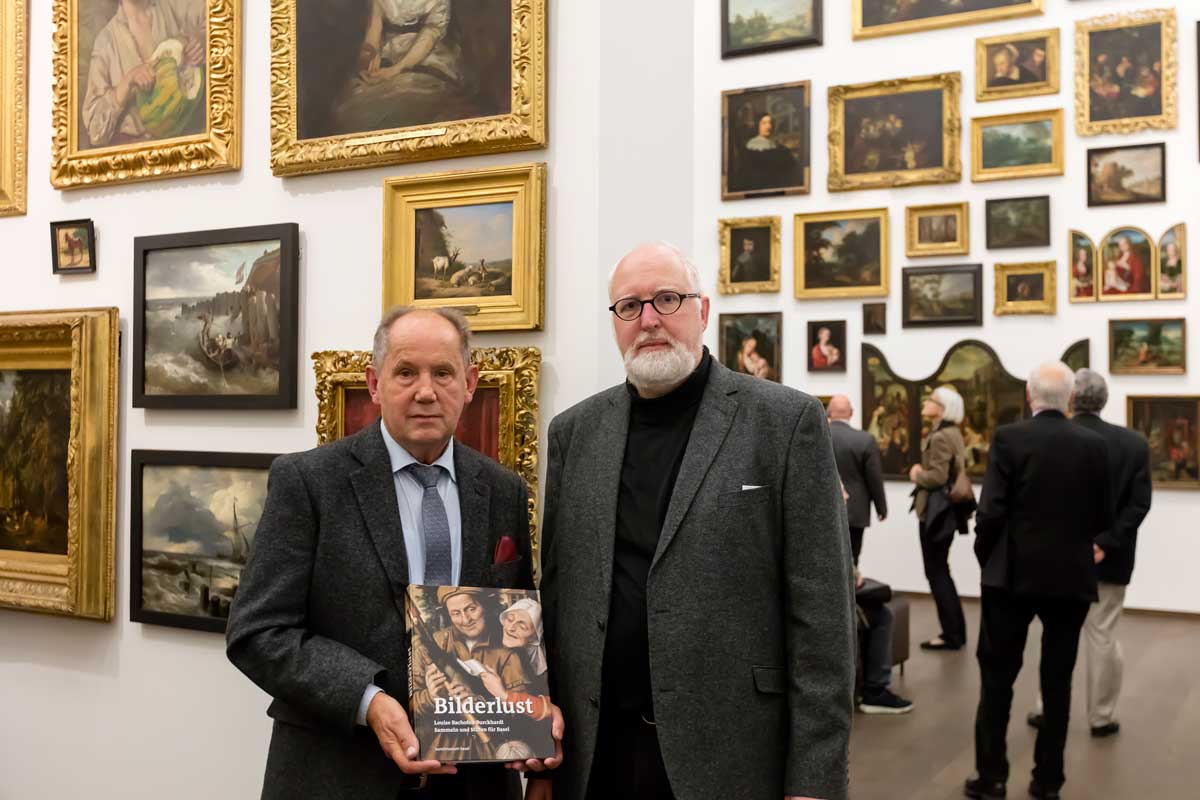 Josef Fink (links) und Dr. Bodo Brinkmann, Kurator Alte Meister am Kunstmuseum Basel, bei der Eröffnung der Ausstellung „Bilderlust. Louise Bachofen-Burckhardt – Sammeln und Stiften für Basel“